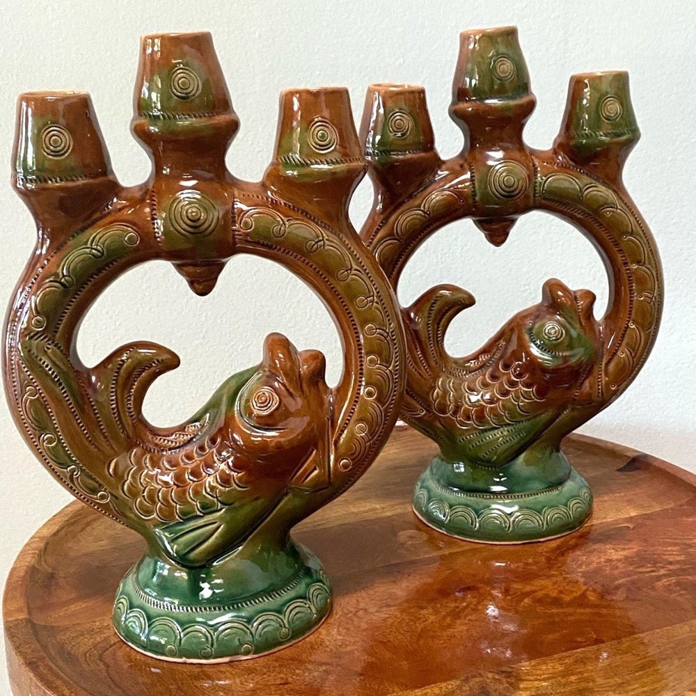 Vintage Skopinskaya ceramic USSR Majolica Fish Candle Holders Mid‎ Century Set